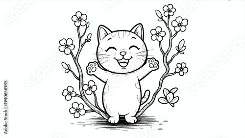 A smiling cartoon cat standing in front of a flowering tree branch  happy feline friend
