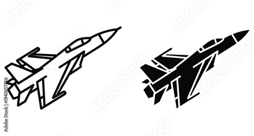 Fighter jet aircraft icon set with outline and solid silhouette styles for military aviation defense air force flight and combat design