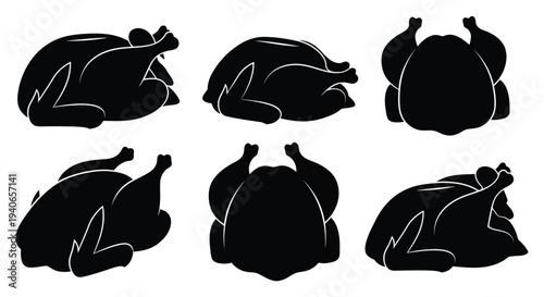 Six black silhouettes of whole roasted chickens in various poses