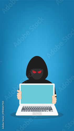 Hacker Holding Laptop with Red Eyes – Cybersecurity Threat, Cybercrime, Malware Attack Concept, Anonymous Hooded Hacker, Data Breach and Online Security Risk Vector Illustration