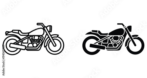Motorcycle icon set featuring outline and solid black cruiser motorbike designs for transportation symbols vehicle graphics travel signs and automotive branding
