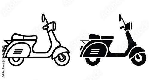 Scooter moped icon set featuring outline and solid black silhouette designs for urban transportation delivery city commute vintage motor vehicle travel