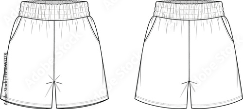 Unisex high waisted athletic shorts technical flat sketch, casual sport shorts cad drawing flat vector illustration, front and back view