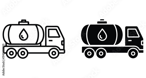 Tanker truck icon set for fuel oil water or chemical transport logistics delivery vehicle in outline and solid black graphic styles