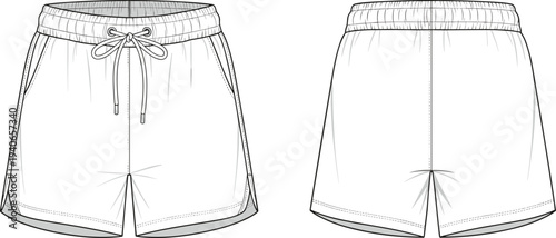 Active drawstring shorts technical fashion flat sketch with elastic waistband and side pockets front and back view, cad drawing flat vector illustration.