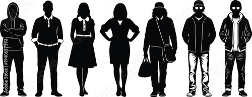 Urban People Silhouette Set Vector Illustration Casual Men and Women Street Style Characters Black Isolated Human Figure Collection Design