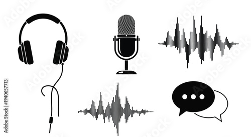 Audio equipment icons headphones microphone sound waves and speech bubble
