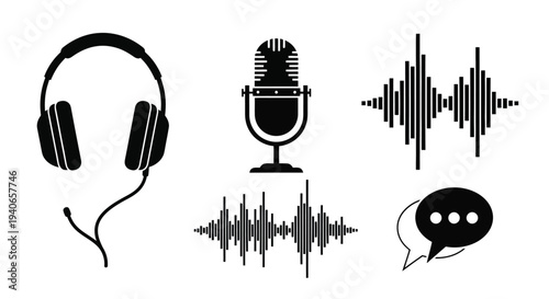 Audio equipment icons headphones microphone sound waves and speech bubble
