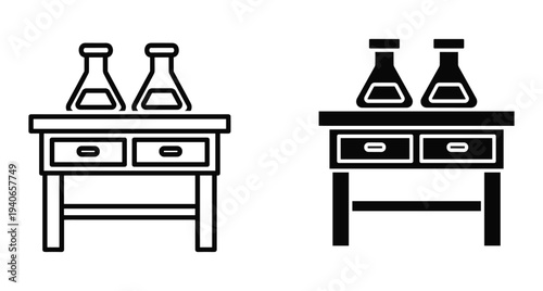 Laboratory workbench with flasks icon set featuring chemical equipment on a desk with drawers for scientific research laboratory workbench with flasks