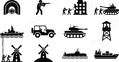 Military silhouette set featuring soldiers tanks warships submarines fighter jets watchtowers and combat vehicles for defense industry warfare strategy and tactical mission design
