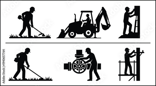 Maintenance worker silhouette set featuring landscaping grass cutting excavator operation plumbing valve repair and electrical utility technician on scaffolding for industrial service design