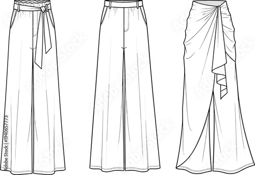 Set of three women wide leg trousers technical flat sketch CAD drawing vector illustration with paperbag waist tailored and draped wrap
