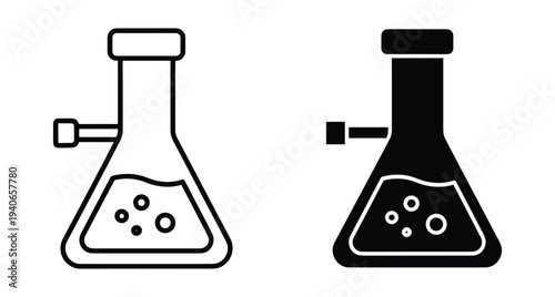 Laboratory Erlenmeyer flask icon set with liquid and bubbles for chemistry science research experiment education medical clinical study biotechnology development equipment