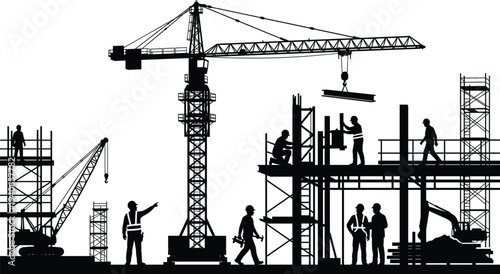 Architect silhouette working on building blueprint desk with hard hat drawing tools and technical plans for construction engineering project development and professional architectural design