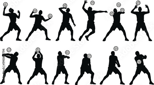 Volleyball player silhouettes performing serve, set, pass and spike actions isolated vector collection for team sport training and competition design