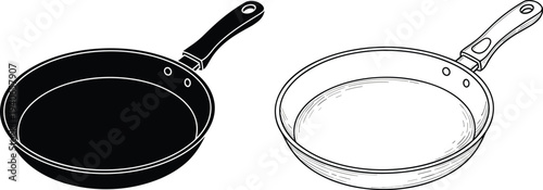 Professional Frying Pan Vector Icon Set Featuring Black Silhouette and Outline Line Art Illustrations for Kitchenware Cooking Equipment Culinary Design and Restaurant Graphics
