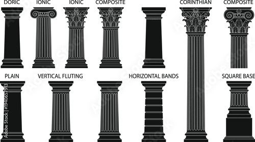Classical architectural column silhouette set featuring doric ionic corinthian and composite styles with vertical fluting horizontal bands square base and plain pillar design elements