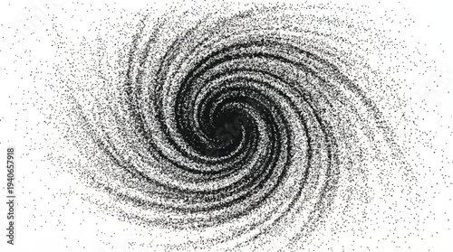 Abstract vortex of black dots forming a dark spiral on a white background, symbolizing chaos, data, or a black hole
