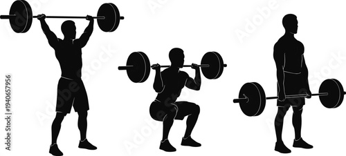 Weightlifting athlete silhouettes performing barbell overhead press squat and deadlift strength training gym sport vector illustration isolated black set