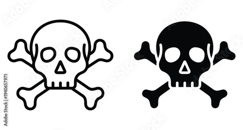 Skull and crossbones icon set featuring outline and solid black silhouette designs for pirate warning danger poison and death symbol graphics