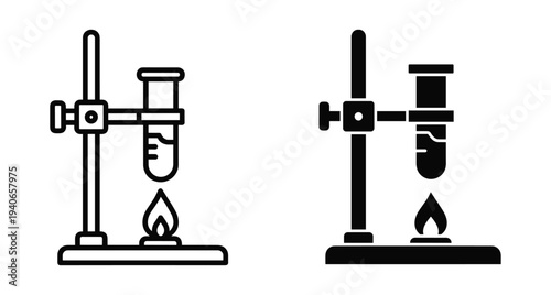 laboratory test tube heating on stand with burner flame icon set for chemistry science research education experiment medical clinical study equipment
