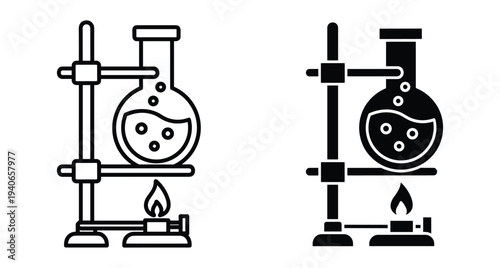 Laboratory flask on stand over Bunsen burner flame icon set in outline and solid black style for science chemistry research education