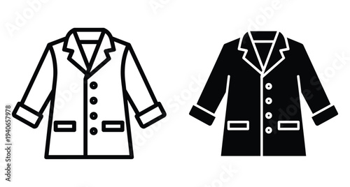 Lab coat medical uniform icon set featuring outline and solid styles for doctor scientist healthcare professional clinical research lab coat medical uniform