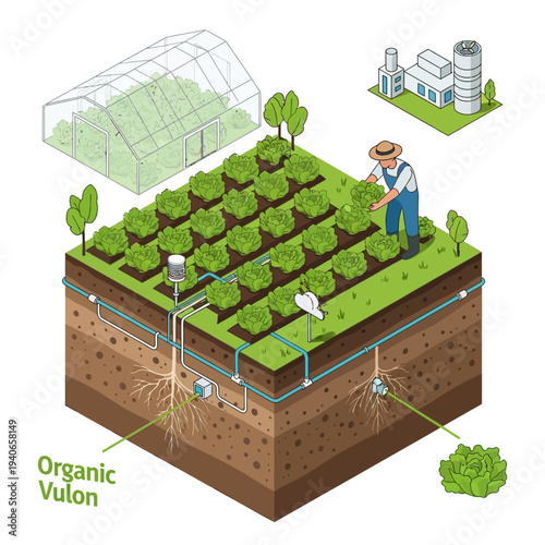 Isometric illustration showcasing an advanced organic farming system with greenhouse, crops, irrigation, and farm buildings.