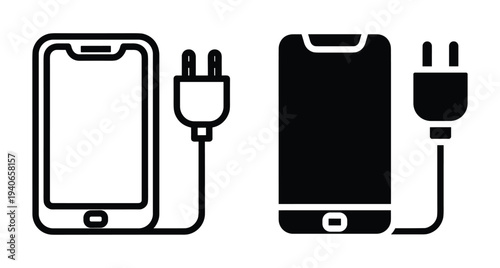 Smartphone charging icon set featuring mobile phone and electric power plug cable in outline and solid black glyph style graphic vector