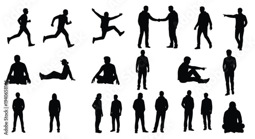 Diverse collection of black silhouette figures depicting various human poses and actions