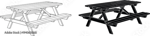 Wooden Picnic Table Vector Illustration Set with Outline and Solid Style Outdoor Furniture Bench Seat Garden Park Camping Equipment Design