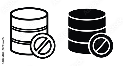 Database access denied icon set showing server storage with prohibited sign for data restriction error connection failure and security block symbol