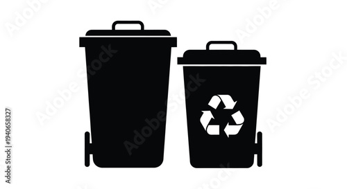Two black trash receptacles one standard and one with recycling symbol