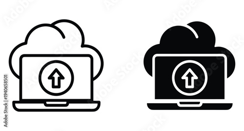 Cloud computing laptop upload icon set featuring outline and solid styles for data storage network transfer digital backup and internet services