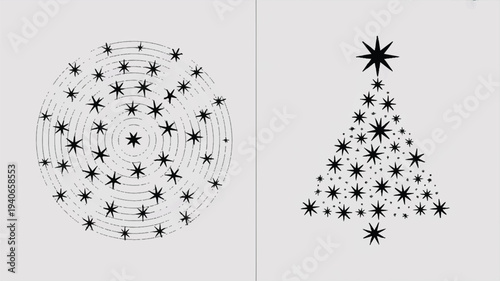 black stars and dotted lines forming christmas tree and circle shapes