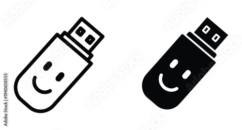 USB flash drive icon set with smiley face character design for data storage technology memory stick portable hardware digital backup device