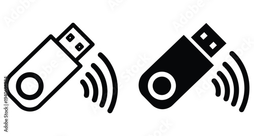 USB flash drive wireless adapter icon set with signal waves for portable data storage connectivity and digital hardware interface technology symbols