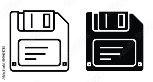 Floppy disk icon set featuring outline and solid black styles for computer data storage save button symbol in retro vintage technology design