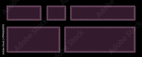Five blank dark purple rectangular marquee signs with stunning illuminated pink lightbulb borders