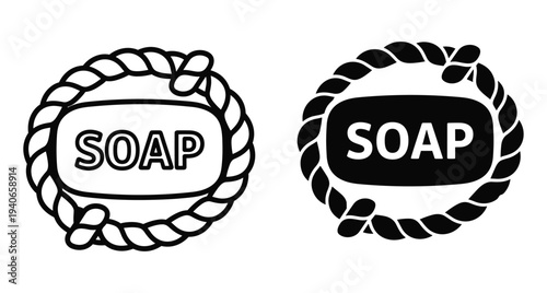 soap bar icon set with rope frame border in black and white outline and solid silhouette style for hygiene and cleaning