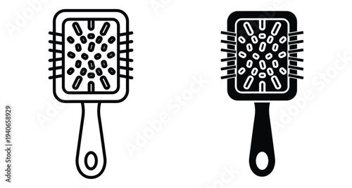 Hairbrush icon set featuring outline and solid black paddle brush designs for hair care grooming beauty salon and personal hygiene styling