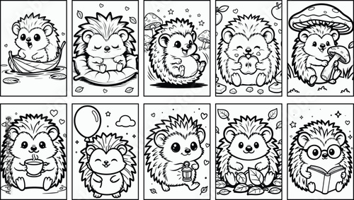 Cute hedgehog coloring pages collection, adorable cartoon hedgehogs with mushroom, balloon, book, apple, tea cup, sleeping cloud, nature elements, black and white kids coloring book illustration set.