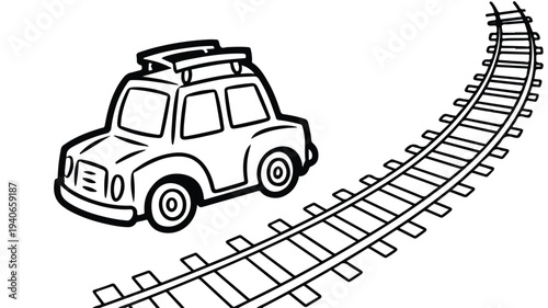 car on railroad tracks with luggage on top going to the right
