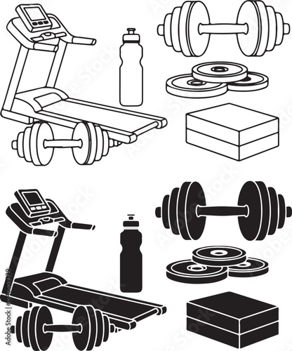 Black and white illustration of various gym equipment and accessories
