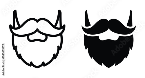 Beard and mustache icon set with outline and solid silhouette styles for barber shop branding grooming services and masculine facial hair