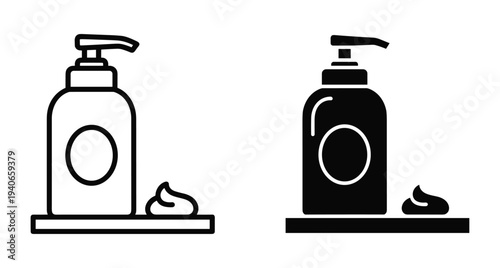 liquid soap dispenser bottle with pump and cream dollop hygiene skincare and bathroom use in outline and solid black style icons