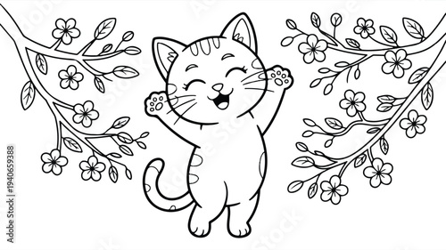 cartoon cat standing with paws up and flowers on branches  cute animal scene
