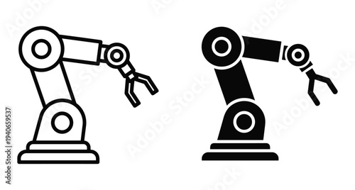 industrial robotic arm icon set featuring mechanical manipulator for factory automation manufacturing technology engineering production line assembly process equipment hardware machinery