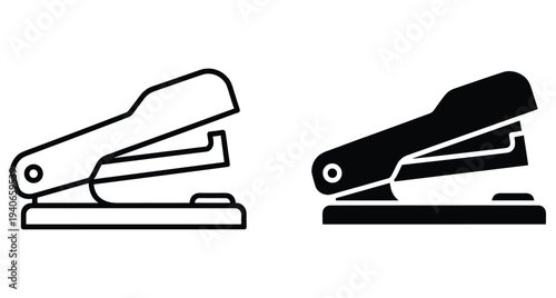 Stapler icon set featuring outline and solid black vector designs for office stationery document binding school supplies and professional workspace equipment