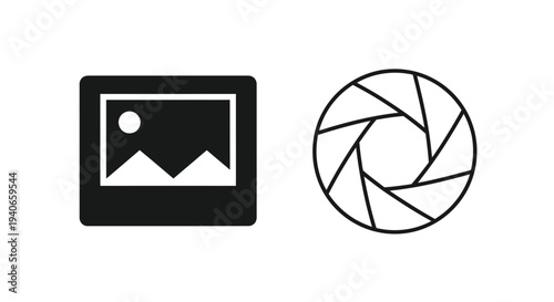 Camera and aperture icons in black and white representing photography
